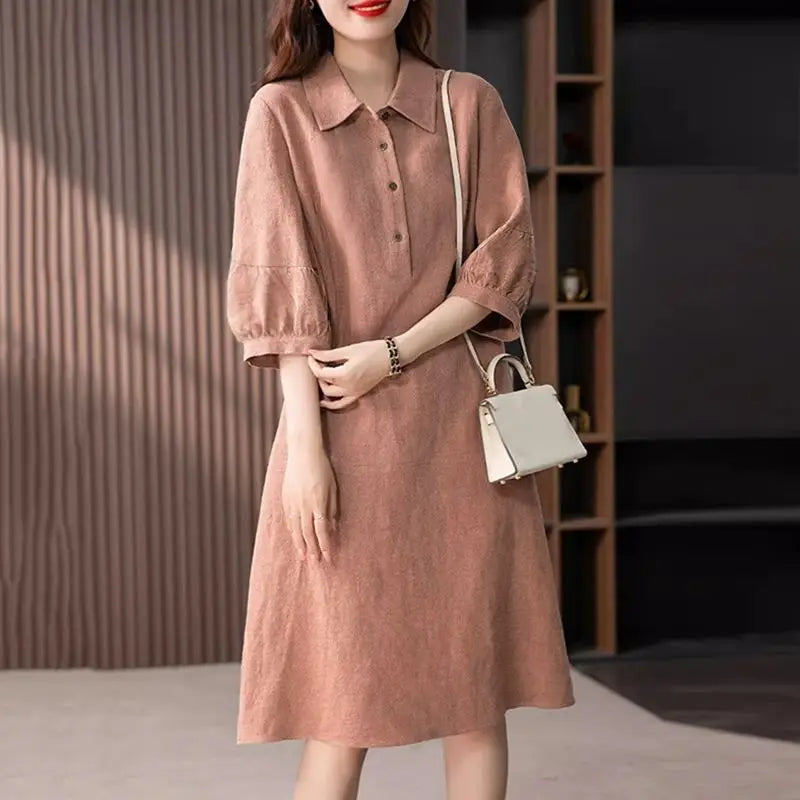 Women Cotton Shirt Dress Midi Three Quarter Sleeve Elegant