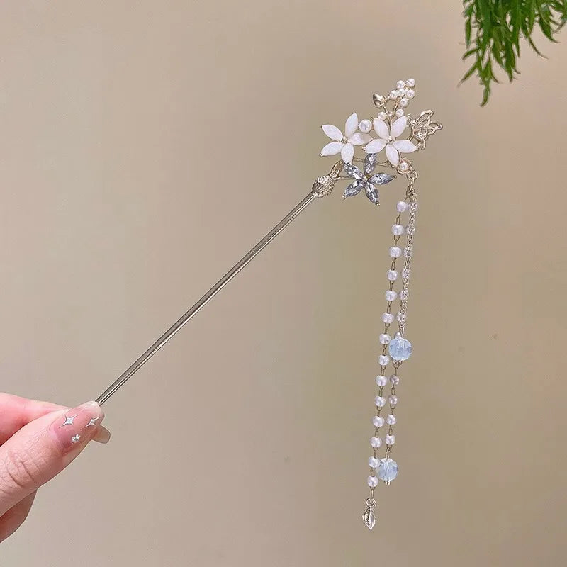 Elegant Enameled Flower Tassel Hair Clip Alloy Hairpin for Women Stylish Chinese Hair Accessory