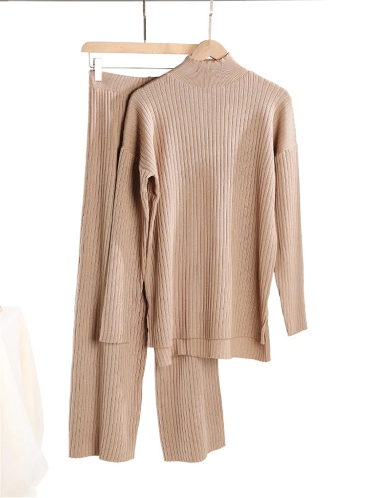 Cozy Knitted Two-Piece Women's Tracksuit Set Featuring Half Turtleneck Sweater and Wide Leg Jogger Pants for Autumn and Winter