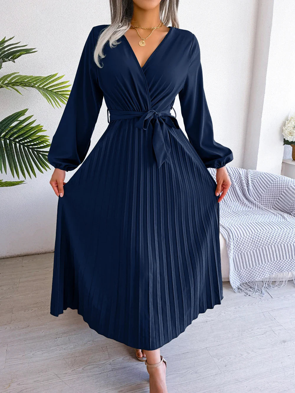 Elegant Surplice Neck Pleated Maxi Dress With Belt Flair