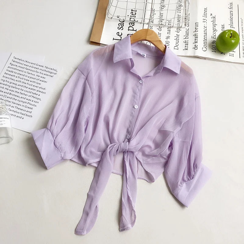 Women Buttoned Up Chiffon Blouse Tied Waist Crop Top Office Lady Shirt Thin and Lightweight