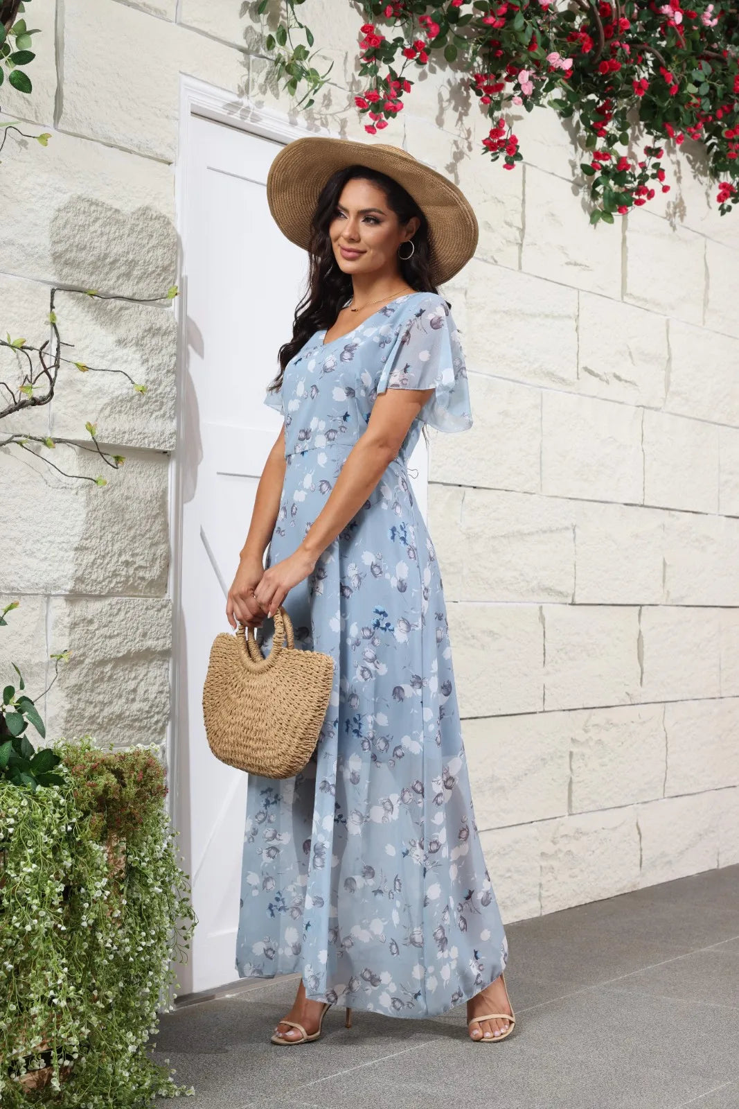 V Neck Floral Chiffon Maxi Dress With Ruffle Short Sleeves