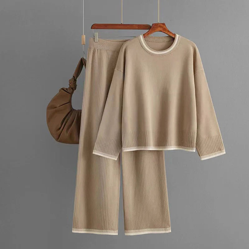 Elegant O-neck Long Sleeve Pullover and Wide Leg Pants 2 Piece Set for Women Casual Spring Outfits