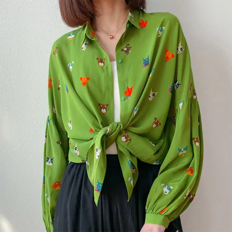 Women Shirt 100 Percent Mulberry Crepe Silk Green Lantern Sleeve Blouse with Cartoon Button Detail