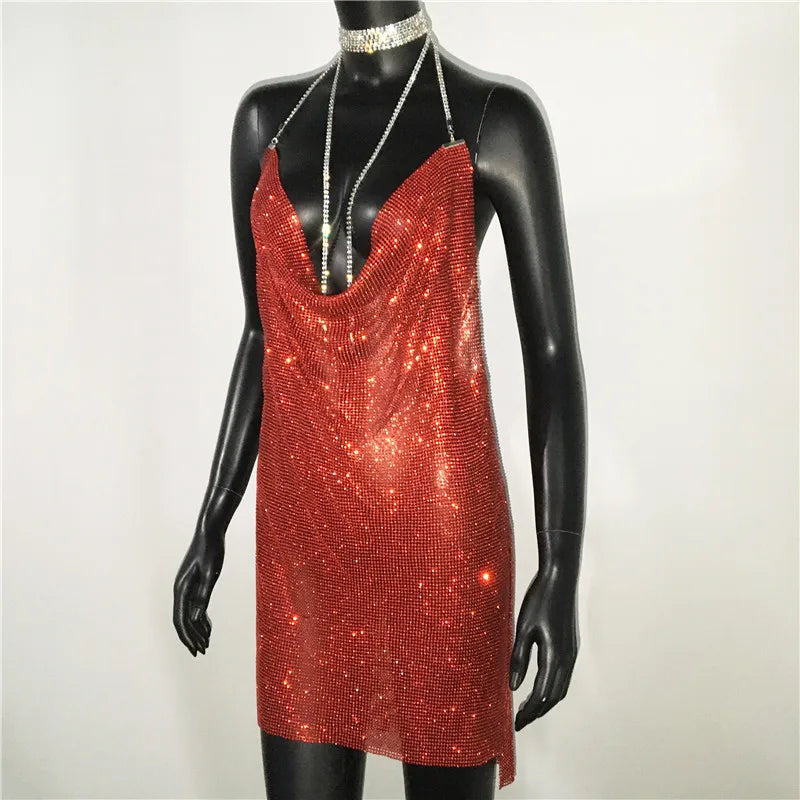 Sequin Rhinestone Backless Mini Dress For Nightclub Party
