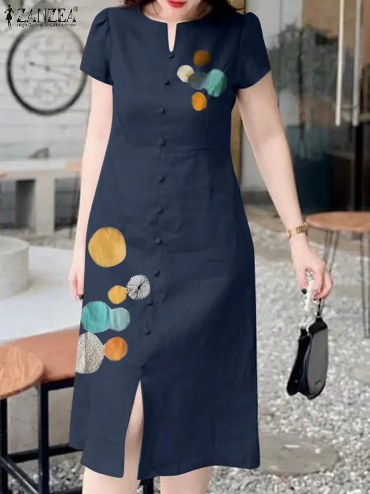 Dot Print Long Dress Casual Summer Short Sleeve Style