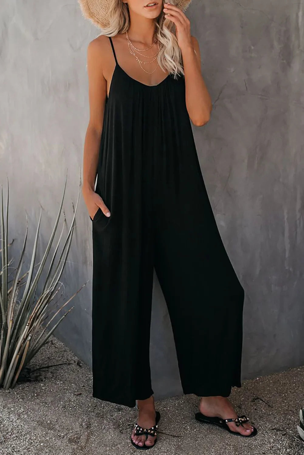 Women's Summer Strap Jumpsuit with Solid Color Design and Convenient Side Pockets Casual Lightweight Romper