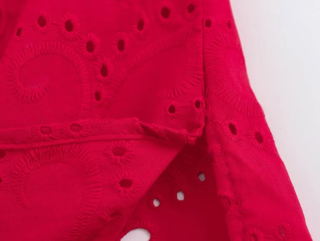 Women Casual Embroidered Hollow Single Breasted Lapel Shirt Top Long Sleeve Curved Hem Loose Fit Blouse