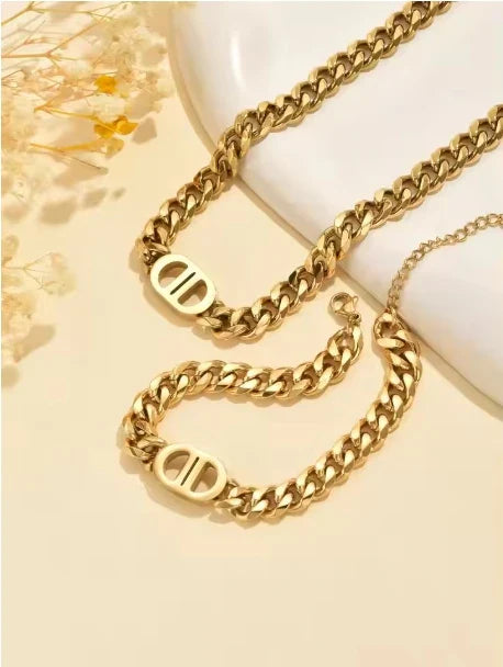 Gold Color Cuban Chain Necklace and Bracelet Set for Women with Geometric Charms