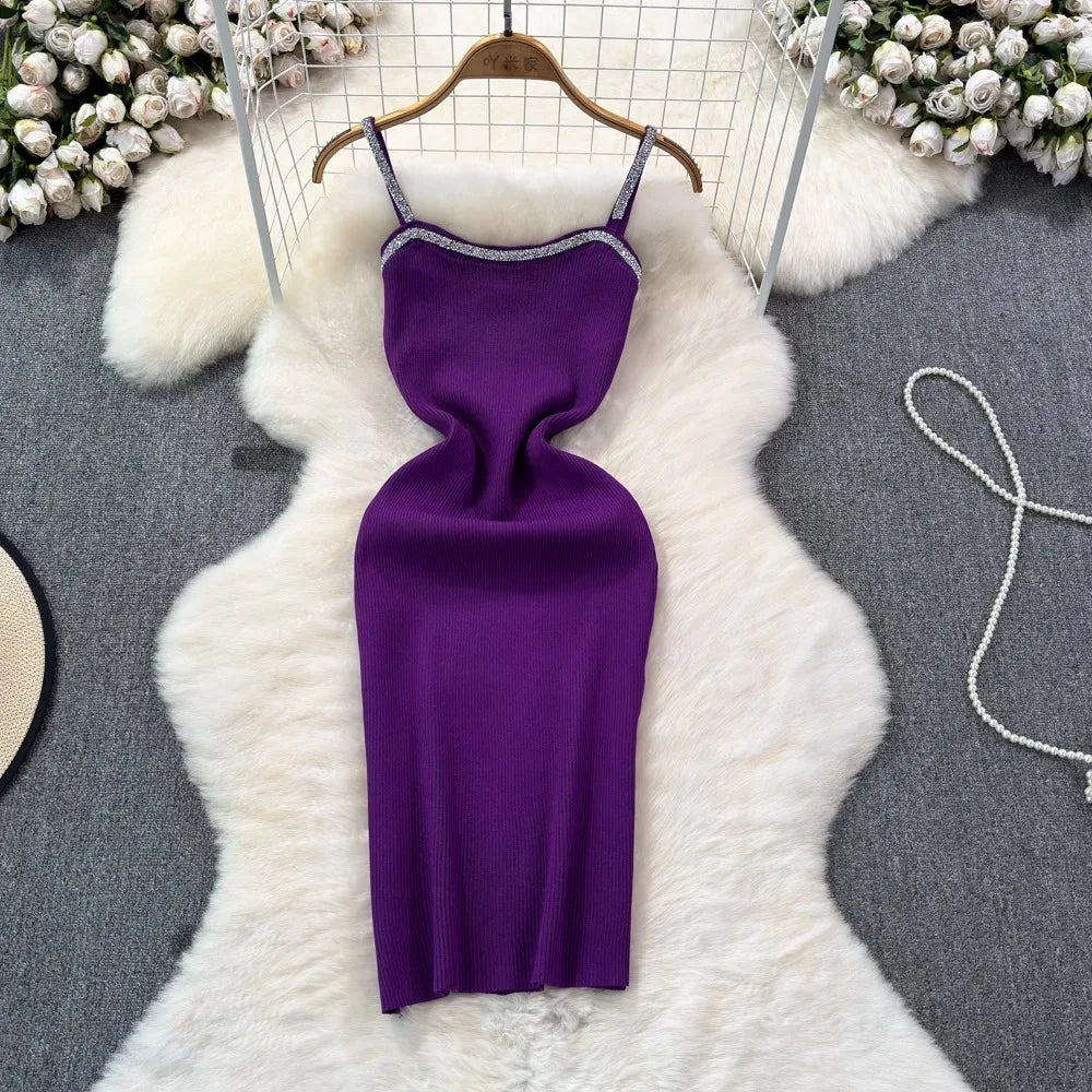 Knit Bodycon Mini Dress With Shimmer Straps For Women