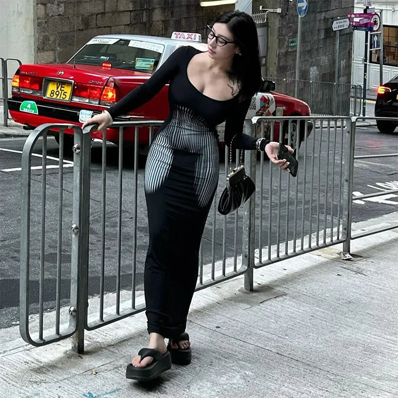 Autumn Square Collar Pullover Dress With Long Sleeves