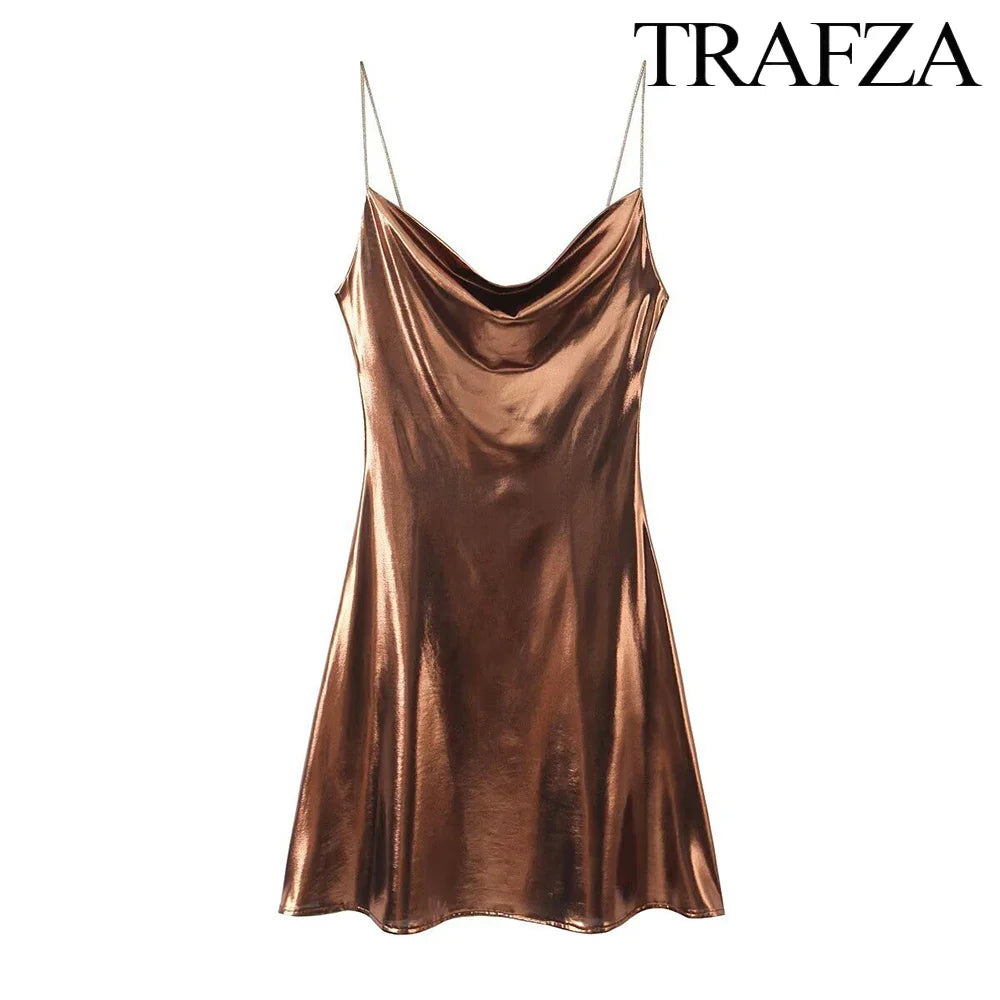 Metallic Glitter Backless Spaghetti Strap Dress For Party