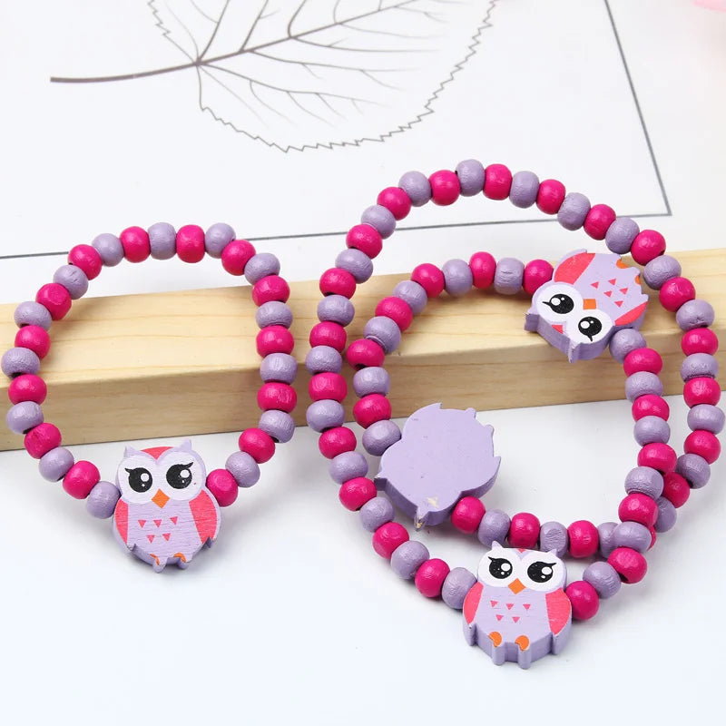Colorful Cartoon Unicorn Wooden Jewelry Set for Kids Necklace and Bracelet Gifts