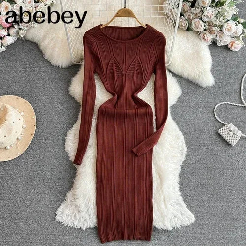 Long Sleeve Knitted Bodycon Dress For Women Autumn Retro
