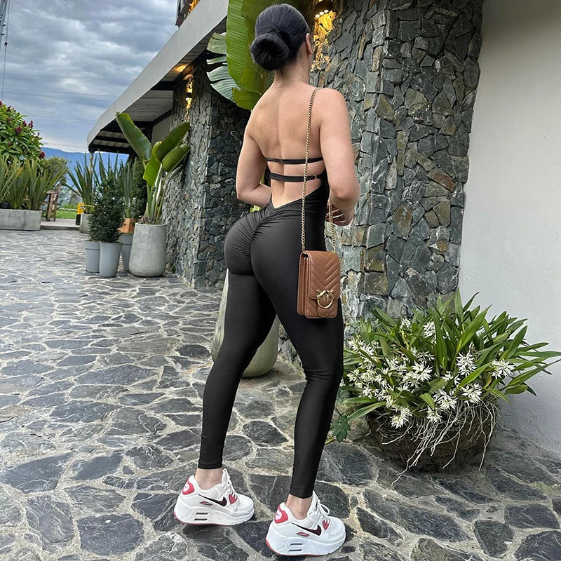 Elegant Women's Strapless Slim Fit Backless Sleeveless Pencil Jumpsuit Solid Color Evening Wear