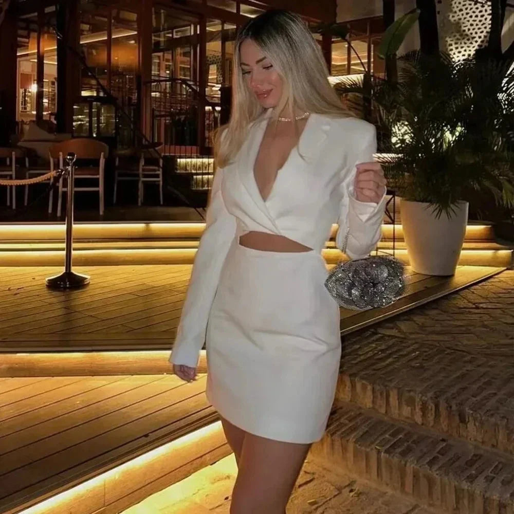 Hollow Out Mini Dress With Lapel Hidden Zipper High Waist