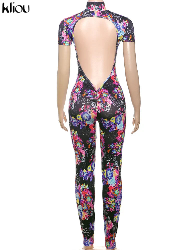Sexy Printed Slim Fit Jumpsuit with Back Hollow Detail Full Sleeve Stand Collar Overalls for Midnight Party and Clubwear