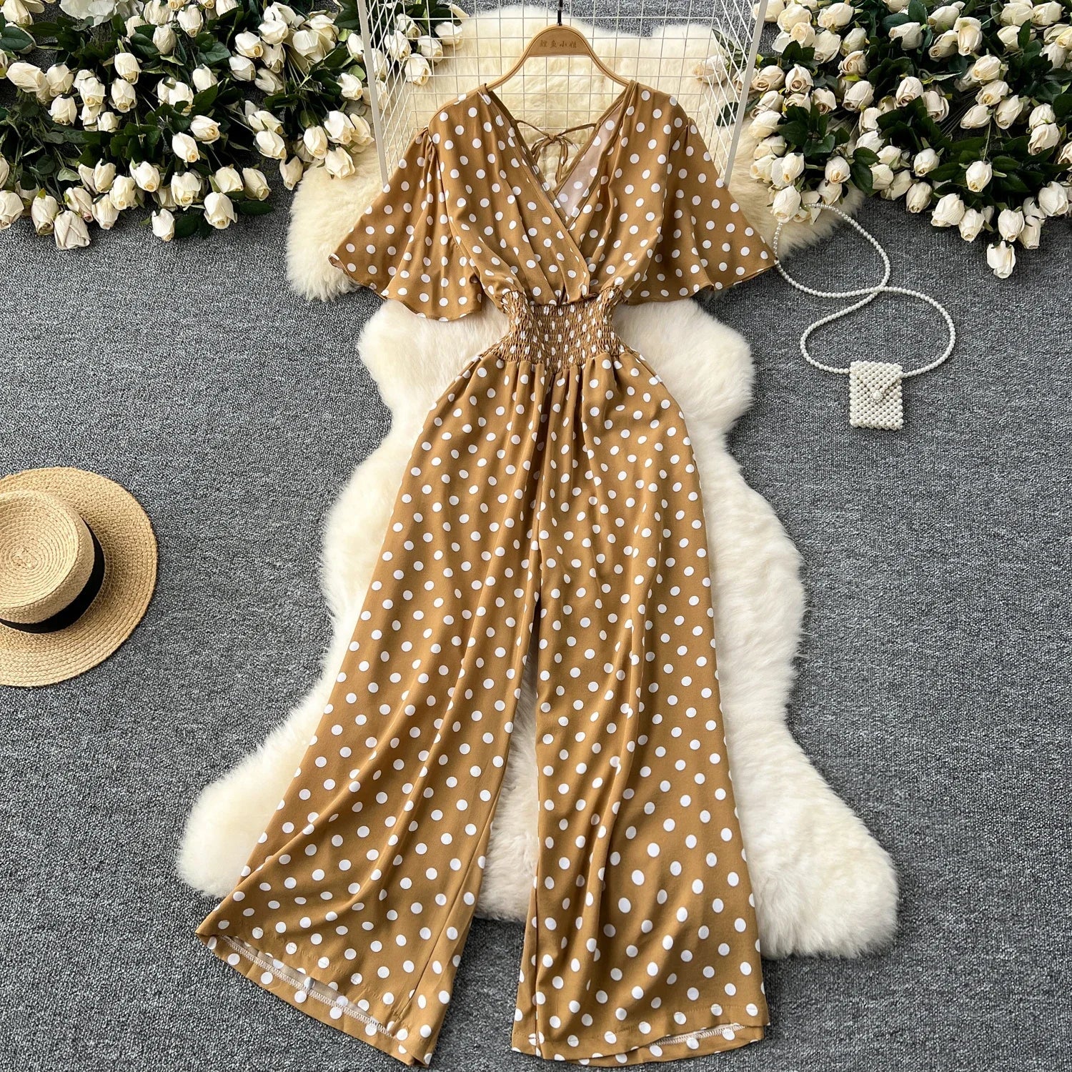 Polka Dot Romper Jumpsuit Women V Neck High Waist Wide Leg