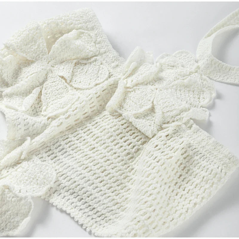 Beach Knit 3D Flower Mini Dress Backless Halter Sundress