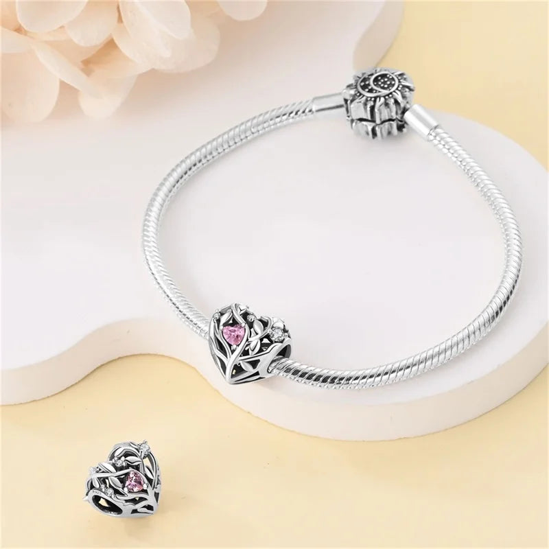 Silver Plated Lotus Guardian Angel Heart-Shaped Zircon Charms Beads for DIY Jewelry and 925 Bracelets