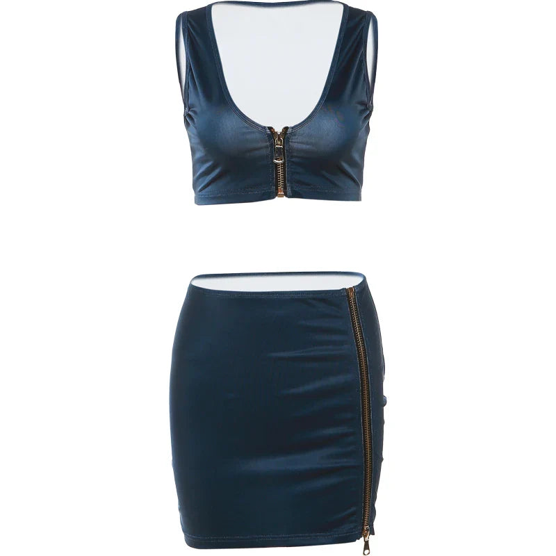 Weird Puss Solid 2 Piece Set Women Low-Neck Zipper Tank Top and Peach Hip Skirt Stretchy Clubwear Matching Outfit