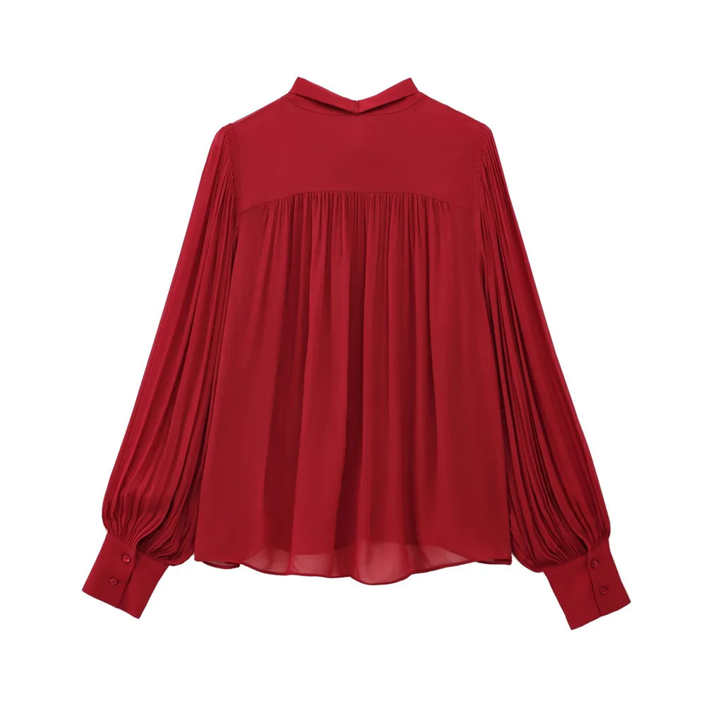 Women's Casual Long Sleeve Bow Tie Shirt Retro Loose Fit Solid Color Spring Top