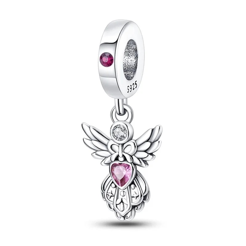 Silver Plated Lotus Guardian Angel Heart-Shaped Zircon Charms Beads for DIY Jewelry and 925 Bracelets