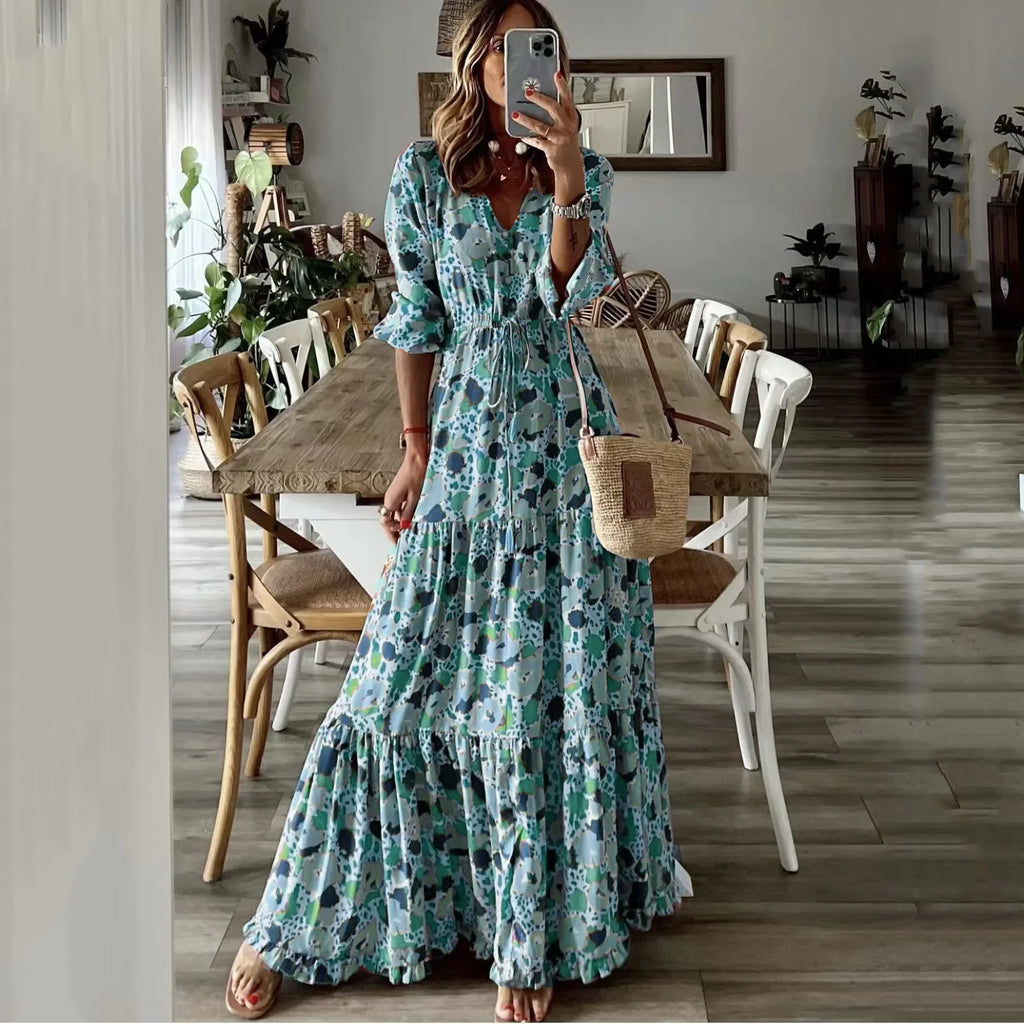 Bright Summer Maxi Dress V Neck Printed For Women Vacation