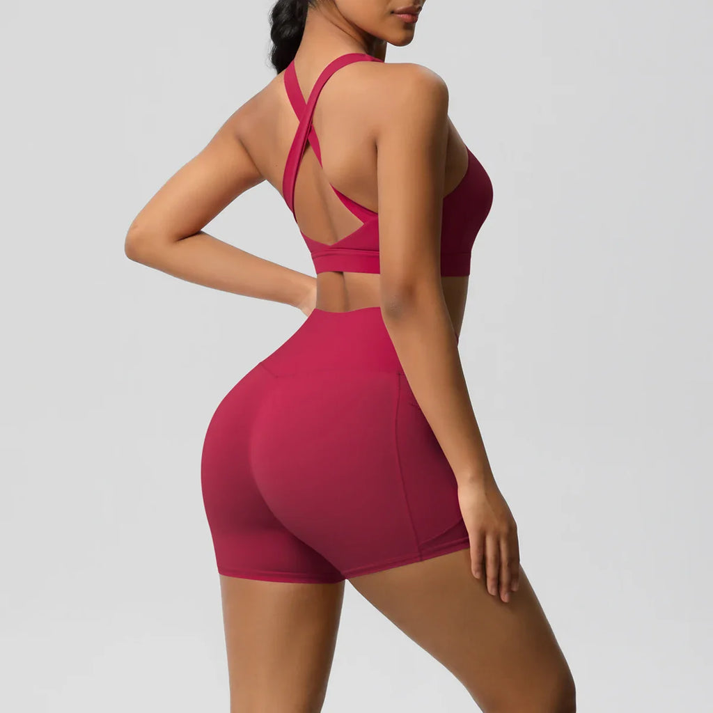 2PCS Pocketed Yoga Set for Women with Crossover Bra and Gym Leggings Workout Tracksuit Sports Shorts Activewear