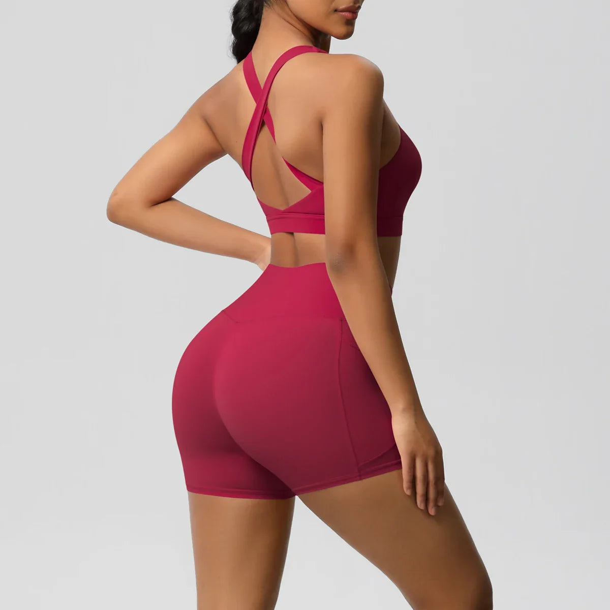 2PCS Pocketed Yoga Set for Women with Crossover Bra and Gym Leggings Workout Tracksuit Sports Shorts Activewear