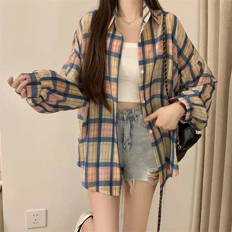 Breezy Oversized Plaid Shirt for Women Long Sleeve Collared Button-Down Blouse Casual Spring Summer Boyfriend Style Top