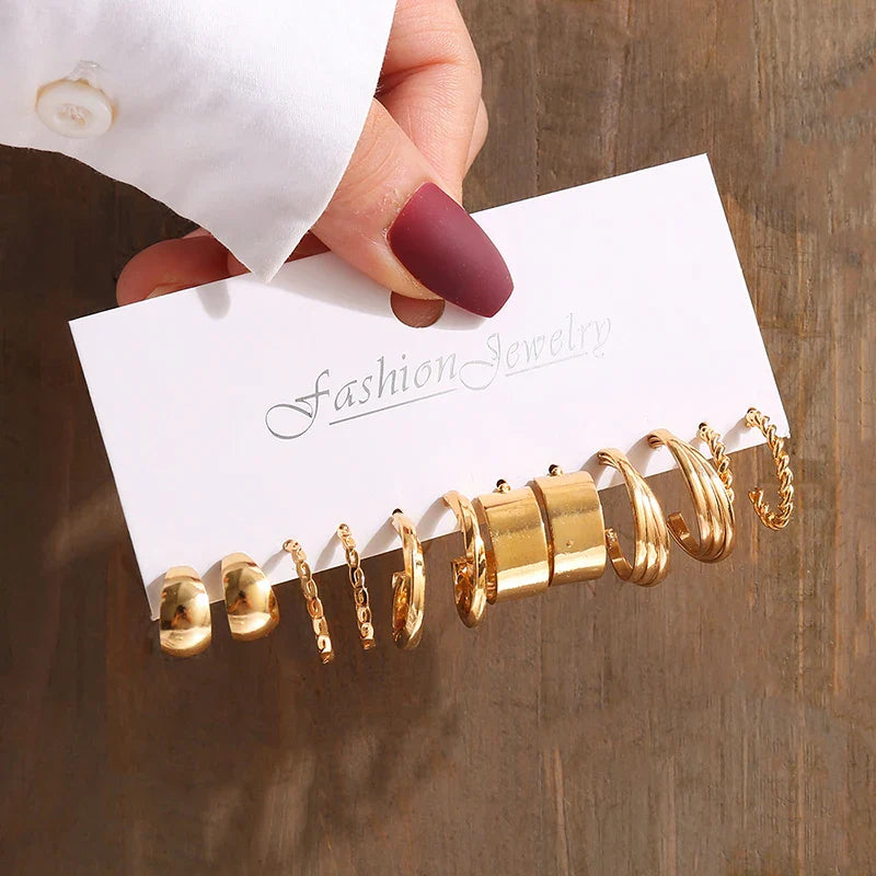 Gold Vintage Pearl Geometry Earrings Set for Women - Simple Trendy Dangle Jewelry