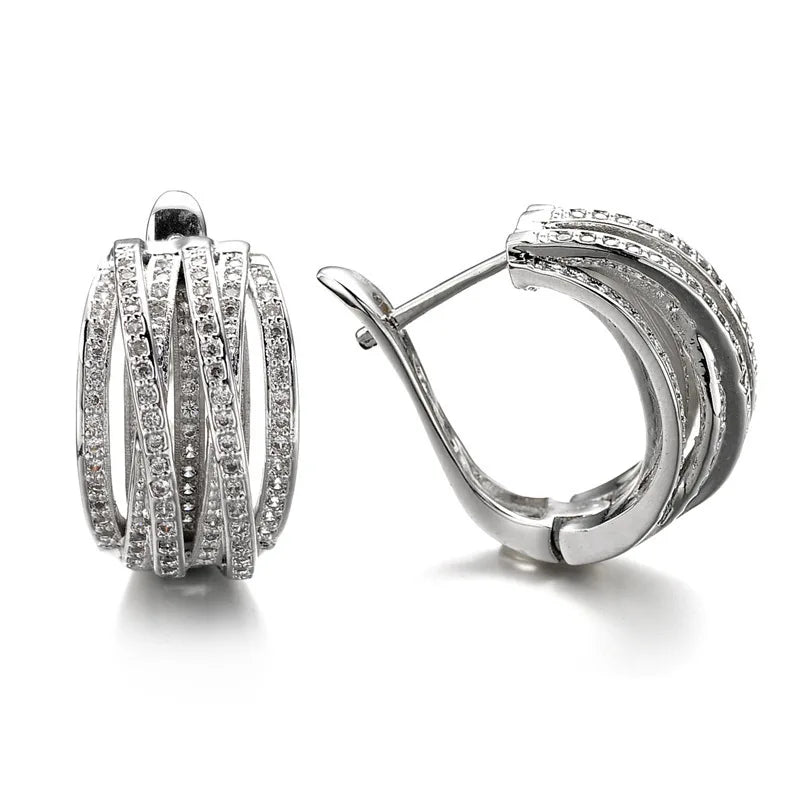 Fashionable Silver Color Cross Hoop Earrings for Women with Full Crystal Cubic Zirconia Statement Jewelry