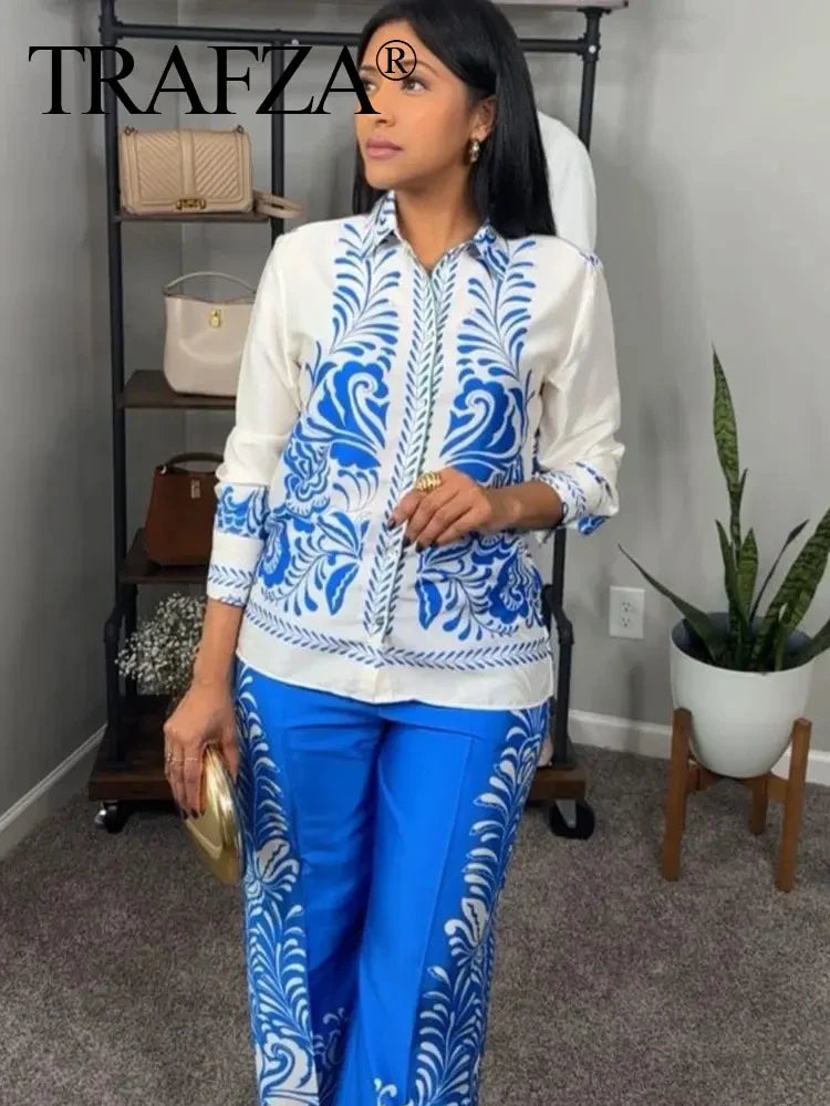 Women's Vintage Printed Casual Set with Long Sleeve Blouse and Straight Leg Pants