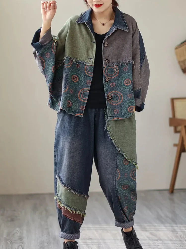Womens Vintage Denim Two Piece Set with Printed Jacket and Casual Jeans