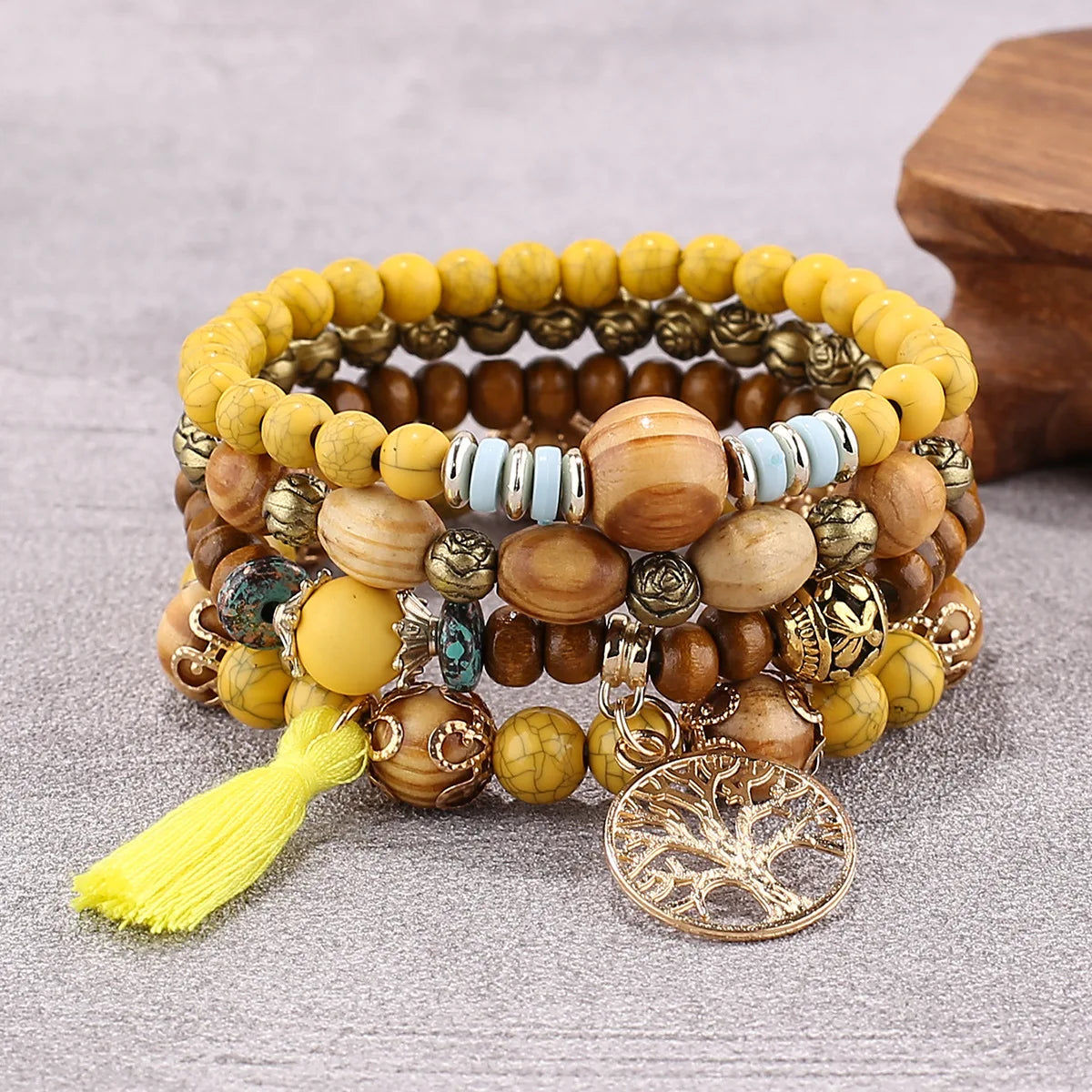 4Pcs Bohemian Tree Of Life Charm Beaded Bracelet Set Handmade Wood Beads Bangle Jewelry for Women
