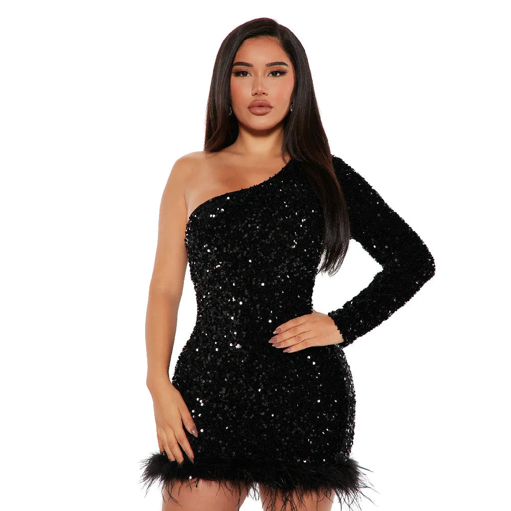 Elegant Off Shoulder Sequin Party Dress Long Sleeve