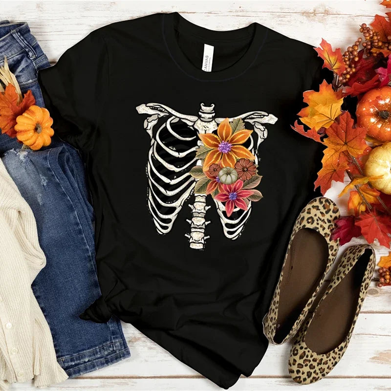 Halloween Skeleton Graphic Tee for Women with Flower Spine Design