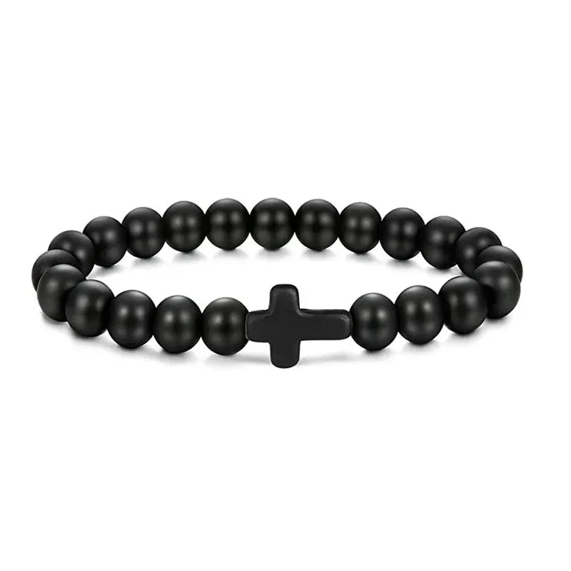 Natural Stone Hematite Cross Bracelet with Onyx and Wood Beads for Men and Women - Meditation and Yoga Jewelry