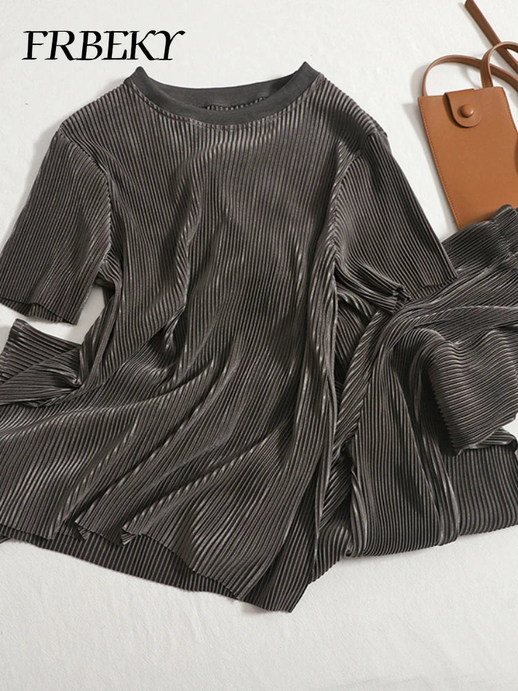 Elegant Summer Two Piece Set for Women Featuring Round Neck T-Shirt and High Waist Wide Leg Pants