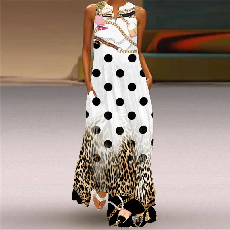 Sleeveless V Neck Printed Maxi Dress For Summer Beachwear