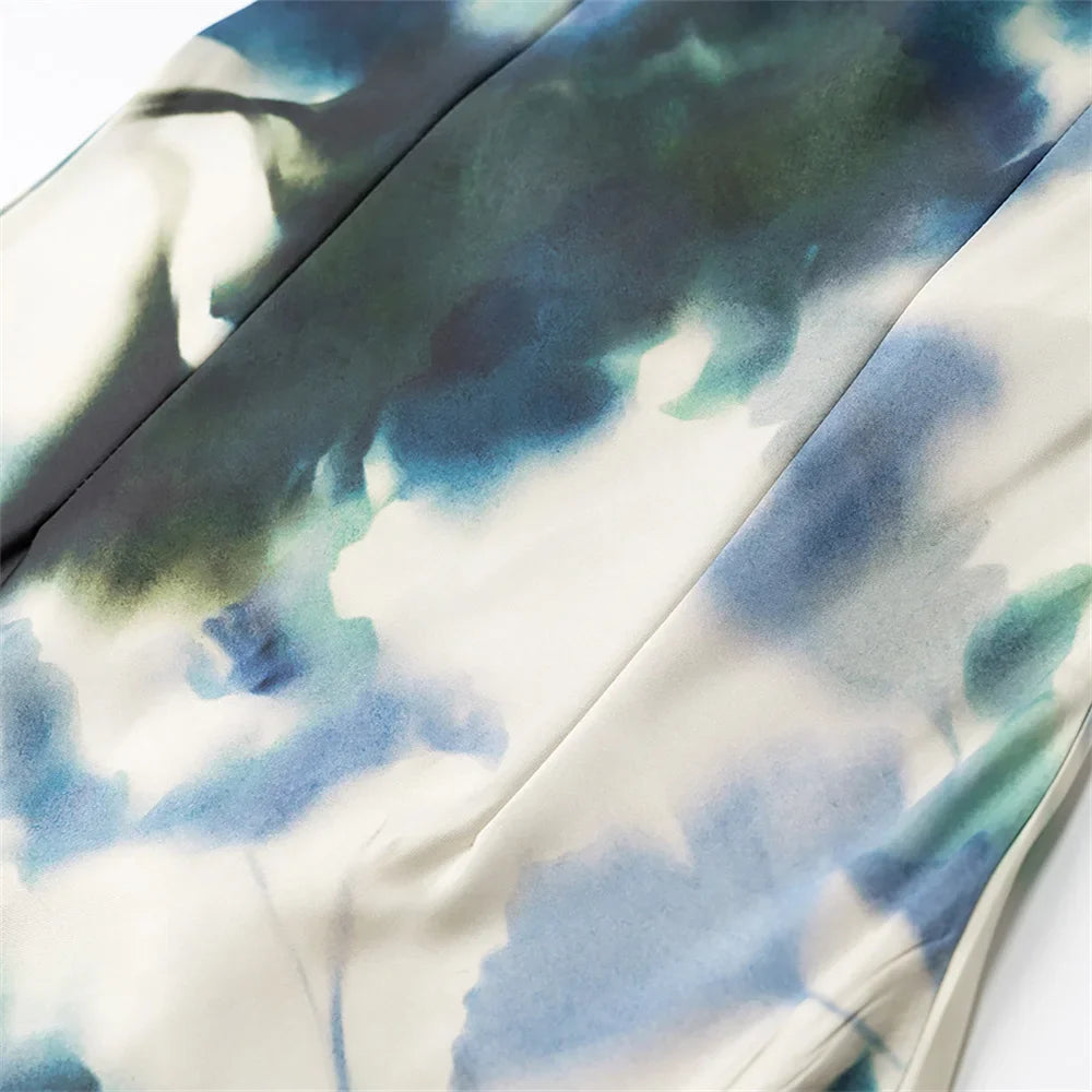 Silk Texture Printed Midi Dress Sleeveless Slim Fit