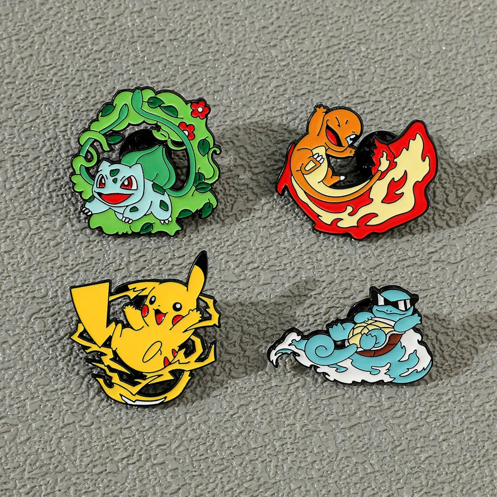 Cute Cartoon Pocket Monsters Enamel Brooch Set for Bags - 4 Pcs Creative Animated Character Accessories