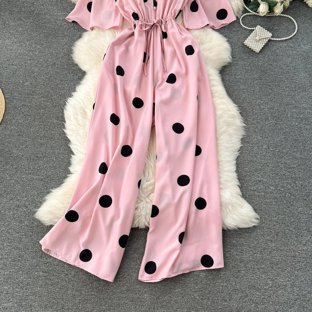 Women Wide Leg Polka Dot Jumpsuit with V Neck Dolman Sleeves and Slim Waist Design