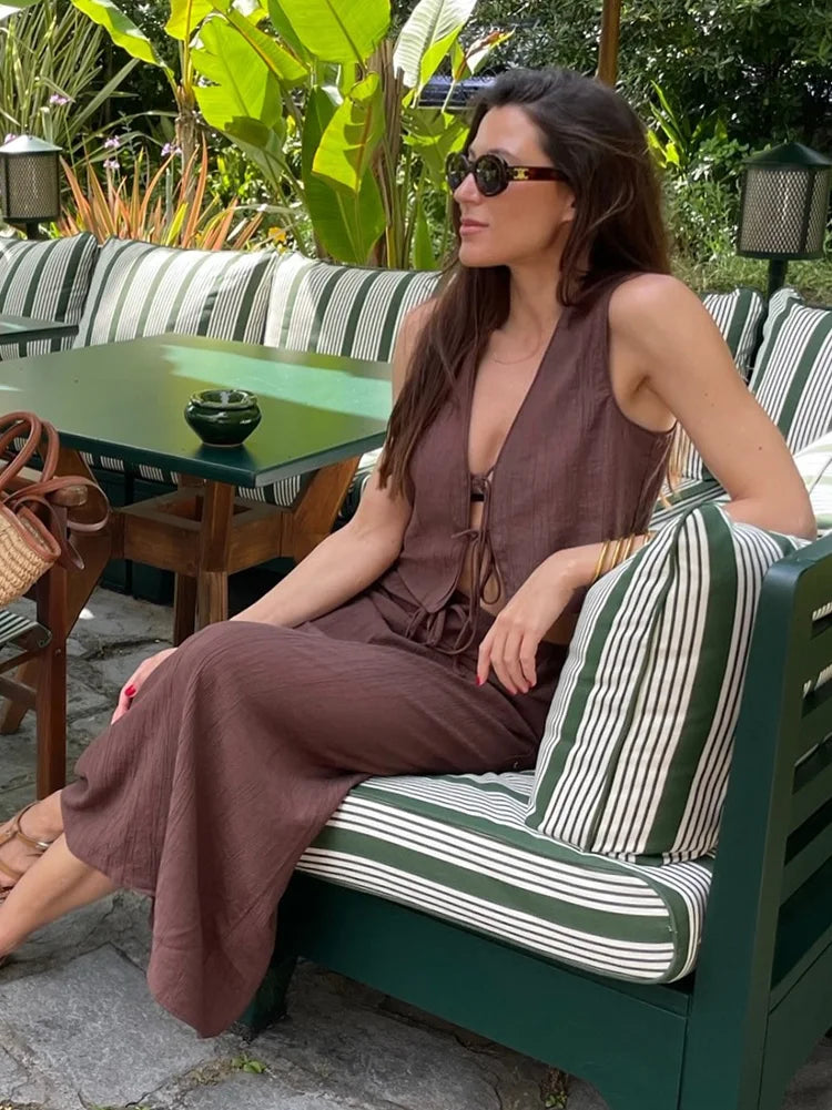 Summer Women's Elegant Solid Color Skirt Set Casual V-neck Bow Lace-Up Sleeveless Crop Vest Top with Loose Drawstring Midi Skirt