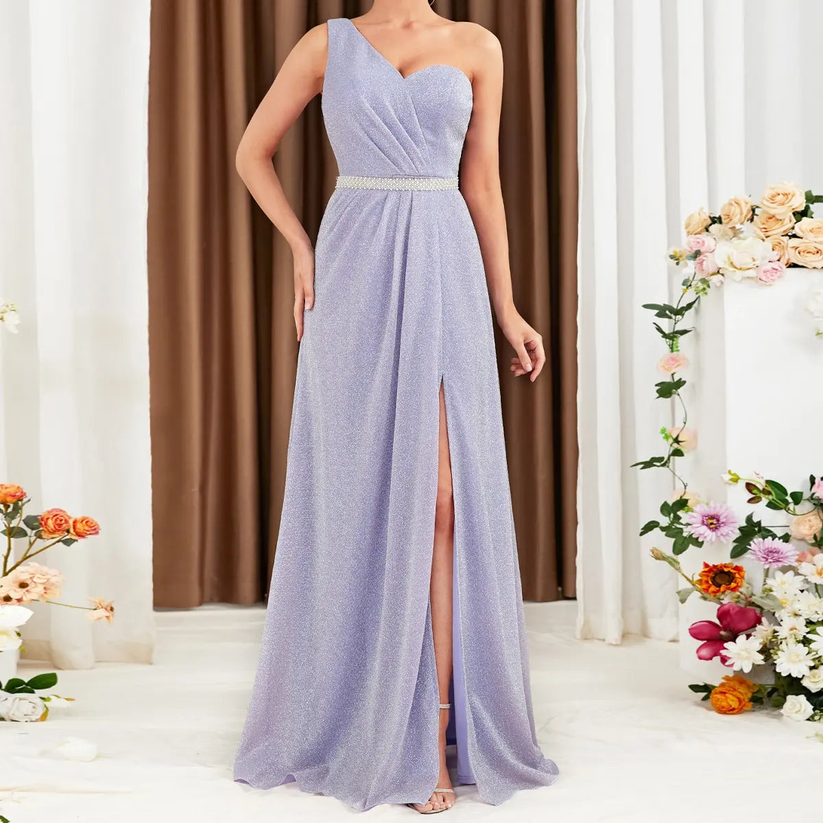 Bridesmaid Dress With Slit Waist Belt For Wedding Occasions