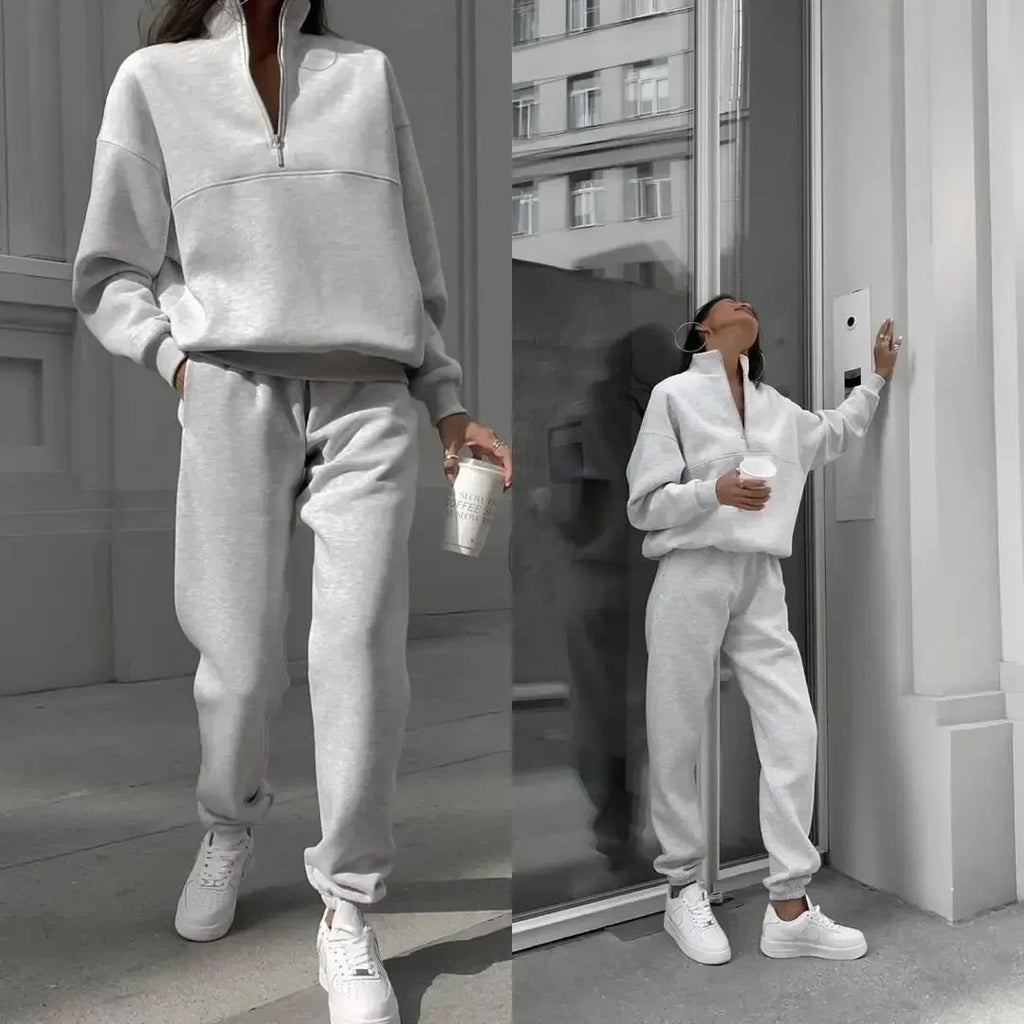 Cozy Casual Long Sleeve Fleece Sweatshirt and Trousers Two Piece Set for Women Warm Autumn Tracksuit with Hoodie