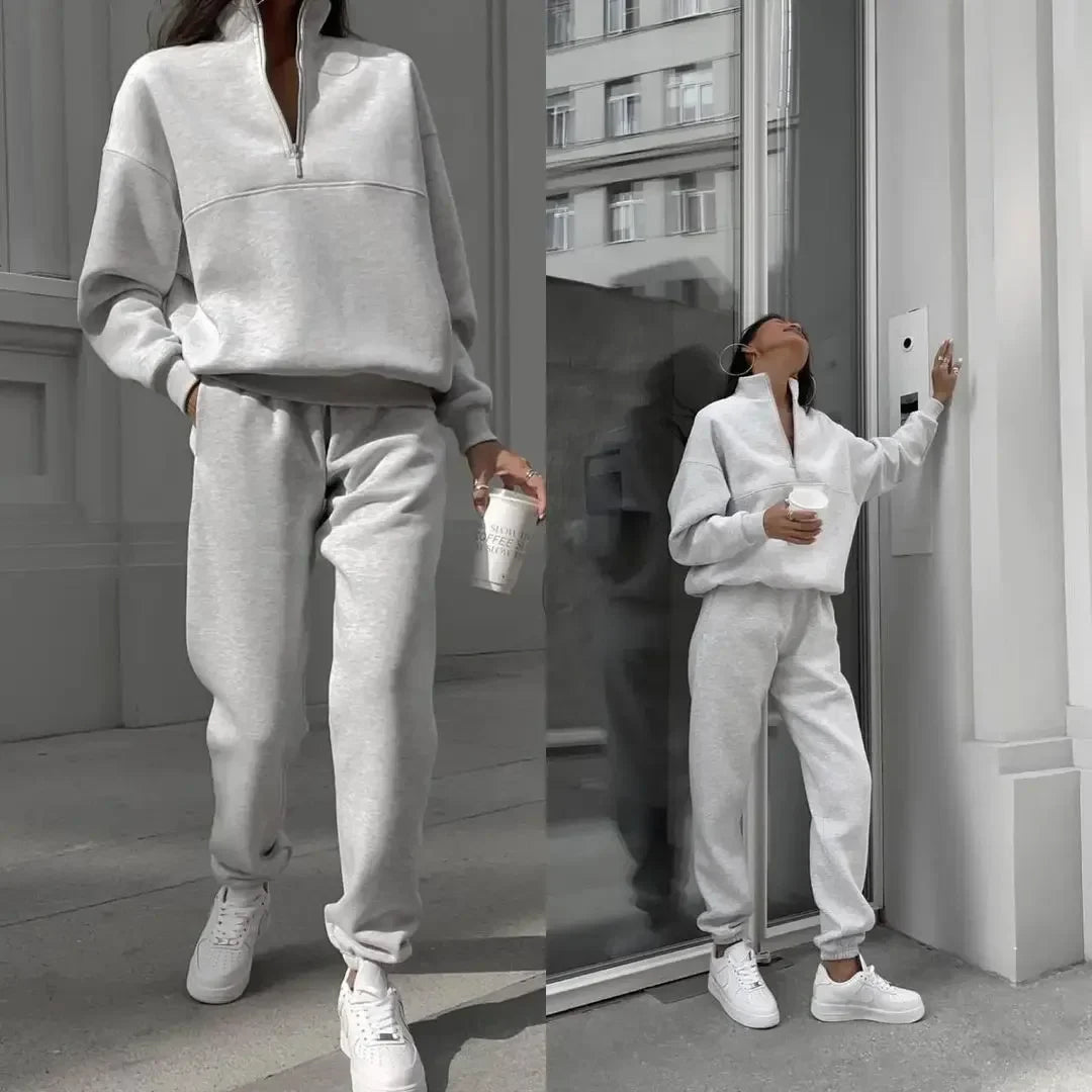 Cozy Casual Long Sleeve Fleece Sweatshirt and Trousers Two Piece Set for Women Warm Autumn Tracksuit with Hoodie
