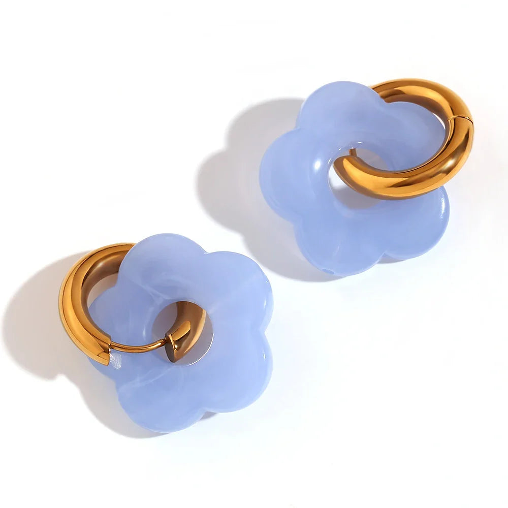 Colorful Resin Flower Drop Earrings for Women in Waterproof Stainless Steel Hoops