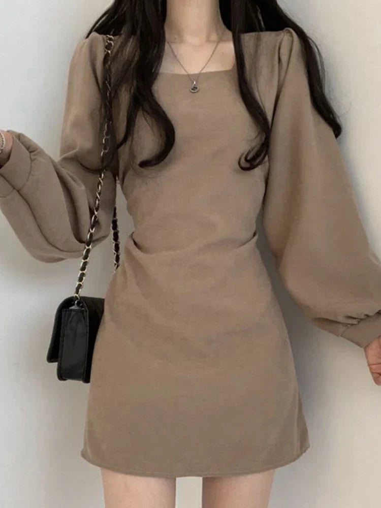 Women Square Collar Mini Dress Summer Sundress Chic